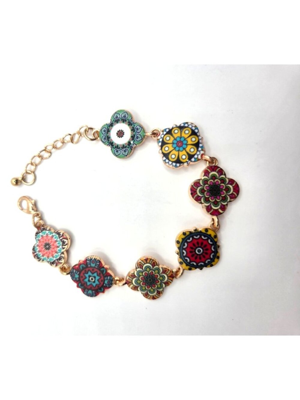 Colorful Mandala Enamel Bracelet With Gold Tone Chain & Adjustable Clasp